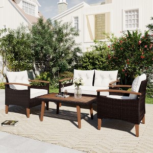 Bigget Wood Outdoor Rattan 4 Piece Patio Furniture Seating Conversation Set - 1 of 4