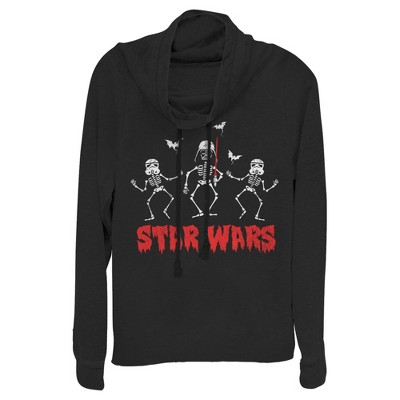 Juniors Womens Star Wars Halloween Vader Skeletons Cowl Neck Sweatshirt