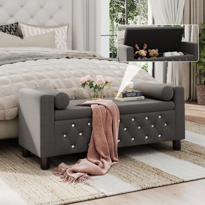 55" Storage Bench Ottoman, Linen Upholstered End of Bed Bench