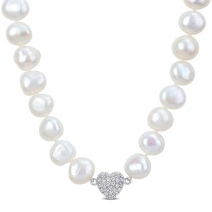 EVERLY JEWELRY | Sterling Silver 11-12mm Cultured Freshwater Pearl Strand & Heart-Shape Cubic Zirconia Necklace, 18 inc - 1 of 4
