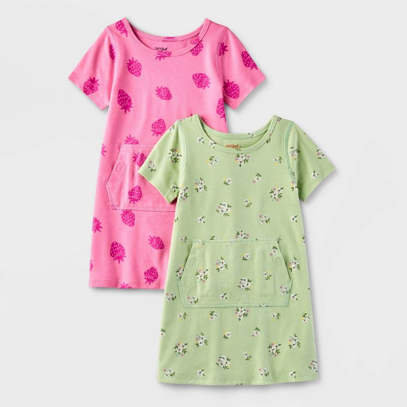 Girls&#39; 2pk Adaptive Short Sleeve Floral Dress - Cat &#38; Jack&#8482; Green/Pink, 1 of 5