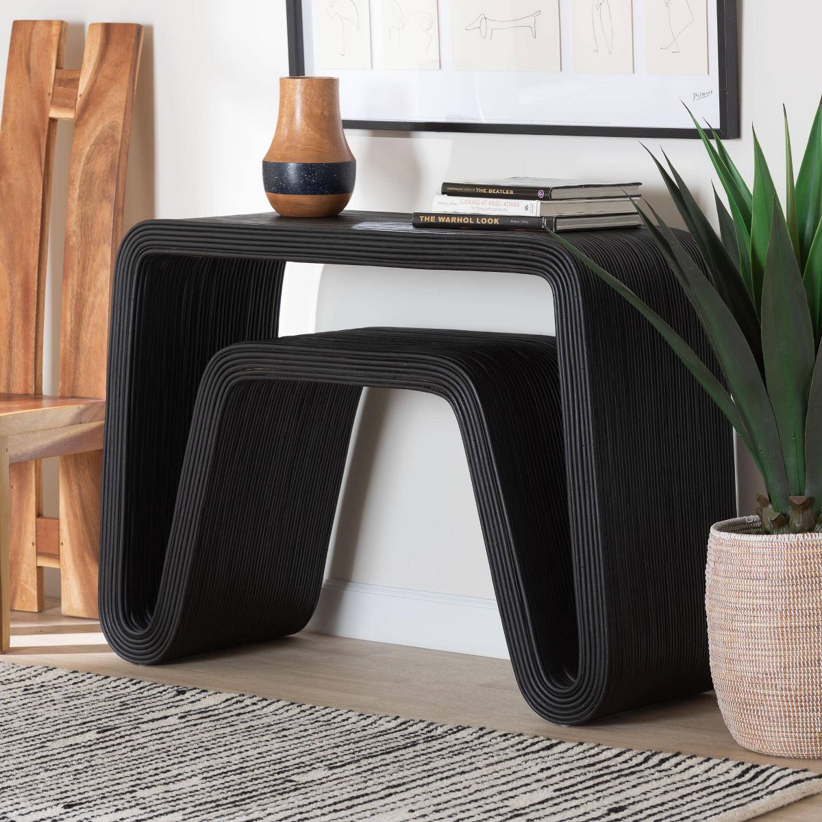bali & pari Abebi Black Rattan Console Table Black - thumbnail 7