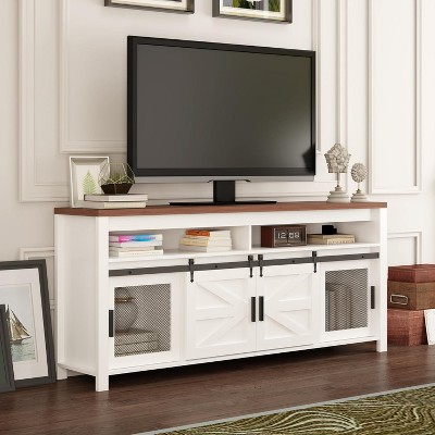 Farmhouse TV Stand - Entertainment Center with Sliding Barn Doors, Mesh Doors,Storage Space for Living Room, Kitchen, and Dining Room