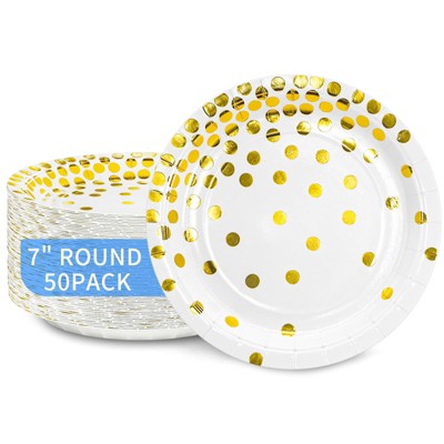 DYLIVeS White and Gold Paper Plates,7 inch Metallic Foil Polka Dots Disposable Dessert Party Plates Cocktail Party Supplies Plates for Birthday...