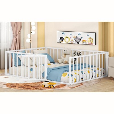 Grungis Full Size Floor Bed for Kids,Modern Metal Toddler Bed with Heightened Safety Guardrails and Door,Montessori Bed for Bedroom