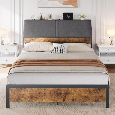 Bed Frame with Charging Station, Tall Ergonomic Upholstered Headboard and Sturdy Metal Platform, No Box Spring Needed, Easy Assembly.