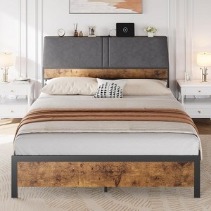 Bed Frame with Charging Station, Tall Ergonomic Upholstered Headboard and Sturdy Metal Platform, No Box Spring Needed, Easy Assembly. - 1 of 4