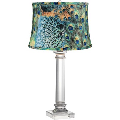 Vienna Full Spectrum Modern Table Lamp Crystal Column Peacock Print Drum Shade for Living Room Family Bedroom Bedside Nightstand