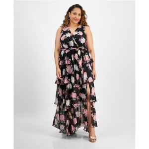 City Studio Womens Belted Floral Tiered Dress, Black, 2X - 1 of 1