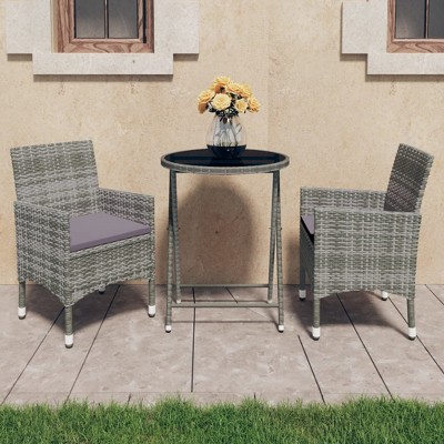 vidaXL 3 Piece Patio Bistro Set Poly Rattan and Tempered Glass Gray