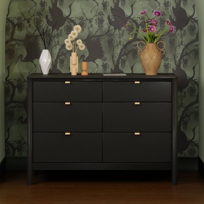Black Pinewood 6-Drawer Dresser with Vegan Leather Pulls