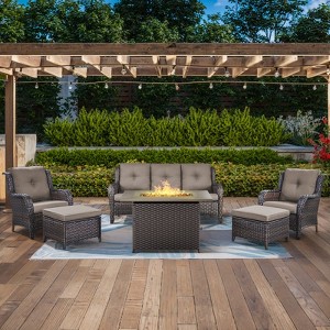 POCASSY 7-piece outdoor furniture set with fire pit table, brown wicker living set with patio sectional sofa, curved arm patio chair, rattan ottoman - 1 of 4