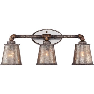 Franklin Iron Works Farmhouse Wall Light Industrial Rust Hardwired 23 1/4" Wide 3-Light Fixture Tea Tone Seedy Glass for Bathroom