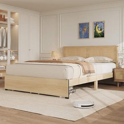 Full/Queen/King Platform Bed Frame, Full/Queen/King Size Bed Frame with Natural Rattan Headboard