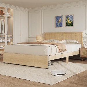 Full/Queen/King Platform Bed Frame, Full/Queen/King Size Bed Frame with Natural Rattan Headboard - 1 of 4