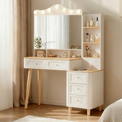 TopComfy Makeup Mirrors Vanity Desk with Mirror Makeup Vanity Set with Two Drawers and Three drawer Chest for Bedroom, White, 19"*17"*23.72"
