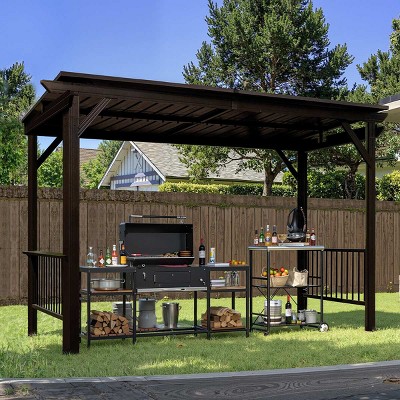 6*12 FT Hardtop Grill Gazebo,Outdoor Metal BBQ Gazebo with 2 Side Shelves and Sloping Steel Roof,Metal Grill Canopy with Ceiling Hook-Coolbibila