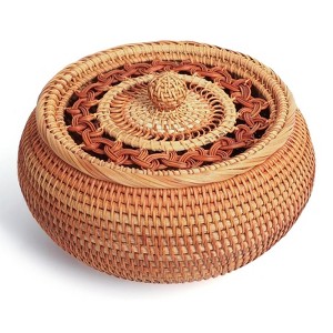 BRINJOY Handwoven Rattan Basket with Lid (9.06"D¡Á5.12"H) | Natural Wicker Storage Organizer for Kitchen, Living Room & Gifts - 1 of 4