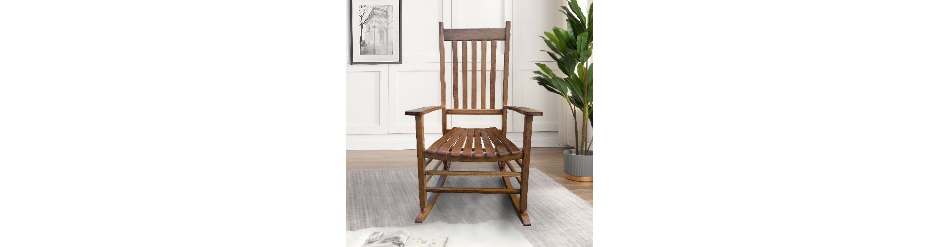 Lyngins Brown Painted Solid Populus Wood Outdoor Accent Chair, Wooden Porch Rocking Chair – Wide Seat & Armrests, Slatted Back, 250 LBS Weight Limit
