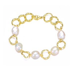 Guili White and Gold Sterling Silver Bracelet Adorned with Genuine Freshwater Pearls and Cubic Zirconia Accents for an Elegant and Feminine Touch. - 1 of 3