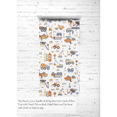 Bacati - Construction Yellow Orange Blue Gray 3 pc Toddler Bed Sheet Set