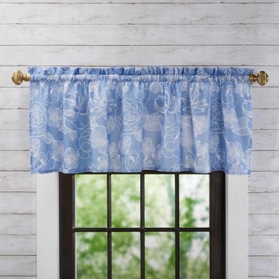 Blue Floral Semi-Sheer Polyester Bathroom Valance