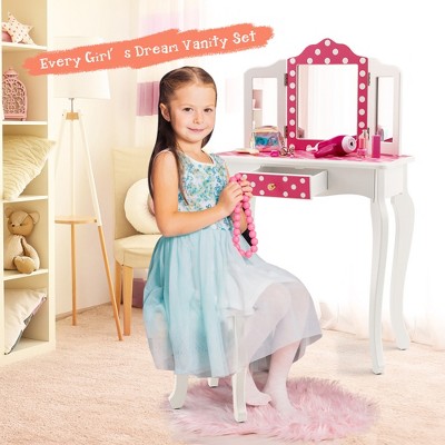 Pink Polka Dot Kids Vanity Set with Tri-Folding Mirror and Stool