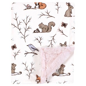 Hudson Baby Girls Plush Blanket with Furry Binding and Back, Enchanted Forest, One Size - 1 of 2