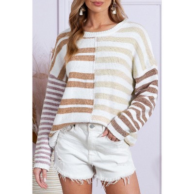 I AM A FASHION JUNKY Color Block Drop Shoulder Pullover Striped Sweater