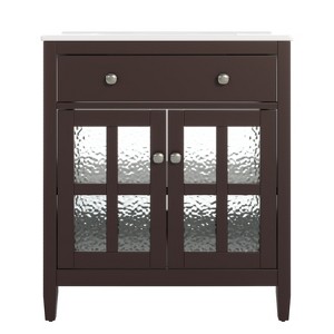 Vynxaria 30 Inch Dark Brown Bathroom Vanity with Ceramic Sink Curved Cabinet Soft Close Door Adjustable Shelf Tip Out Tray Solid Wood Tapered Legs - 1 of 4