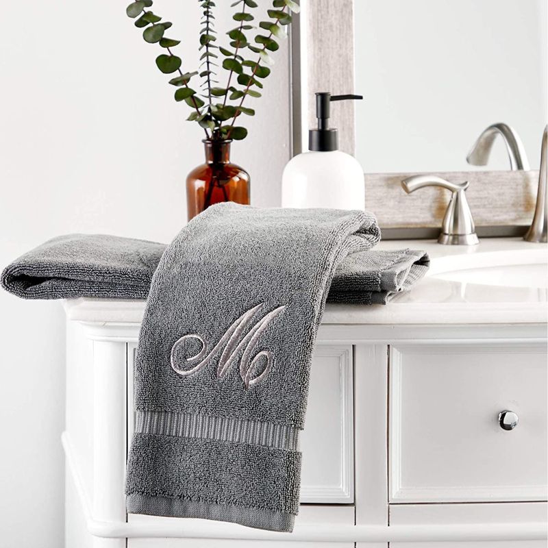 Juvale 2 Pack Letter M Monogrammed Hand Towels, Gray Cotton Hand Towels with Silver Embroidered Initial M for Wedding Gift, Baby Shower, 16 x 30 in, 2 of 5
