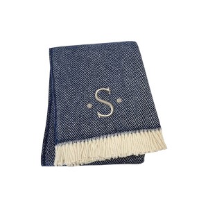 HomeRoots 55" X 70" Navy Blue And White Herringbone Cotton Blend S Initial Throw Blanket with Tassels And Embroidery - 1 of 4