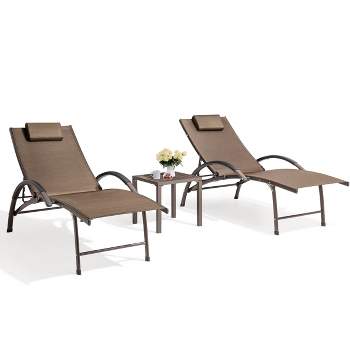 3pc Outdoor Aluminum 5 Position Adjustable Lounge Chairs with Covered Headrests - Brown - Crestlive Products