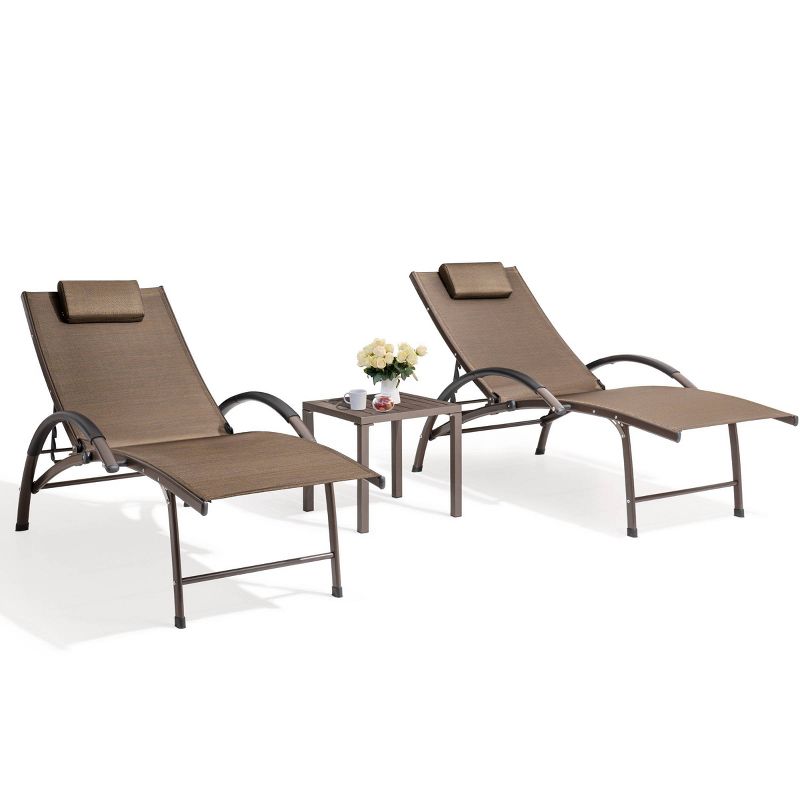 3pc Outdoor Aluminum 5 Position Adjustable Lounge Chairs with Covered Headrests - Brown - Crestlive Products, 1 of 10