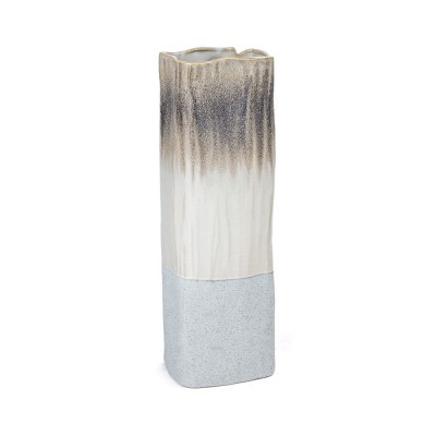 HomeRoots 16" Brown Light Blue And Off White Color Block Square Ceramic Table Vase