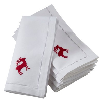 Saro Lifestyle Hemstitch Table Napkins With Red Reindeer Embroidery (Set of 6)