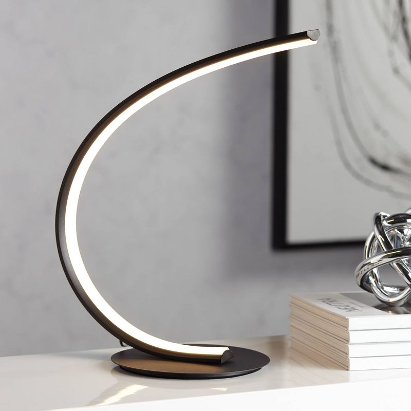 360 Lighting Curved Arc 15 1/4" High Small Modern Accent Table Lamp LED Black Metal Single White Shade Living Room Bedroom Bedside Nightstand House, 2 of 10