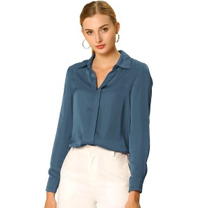 INSPIRE CHIC Women's Elegant V Neck Long Sleeve Office Work Satin Shirt - 1 of 4