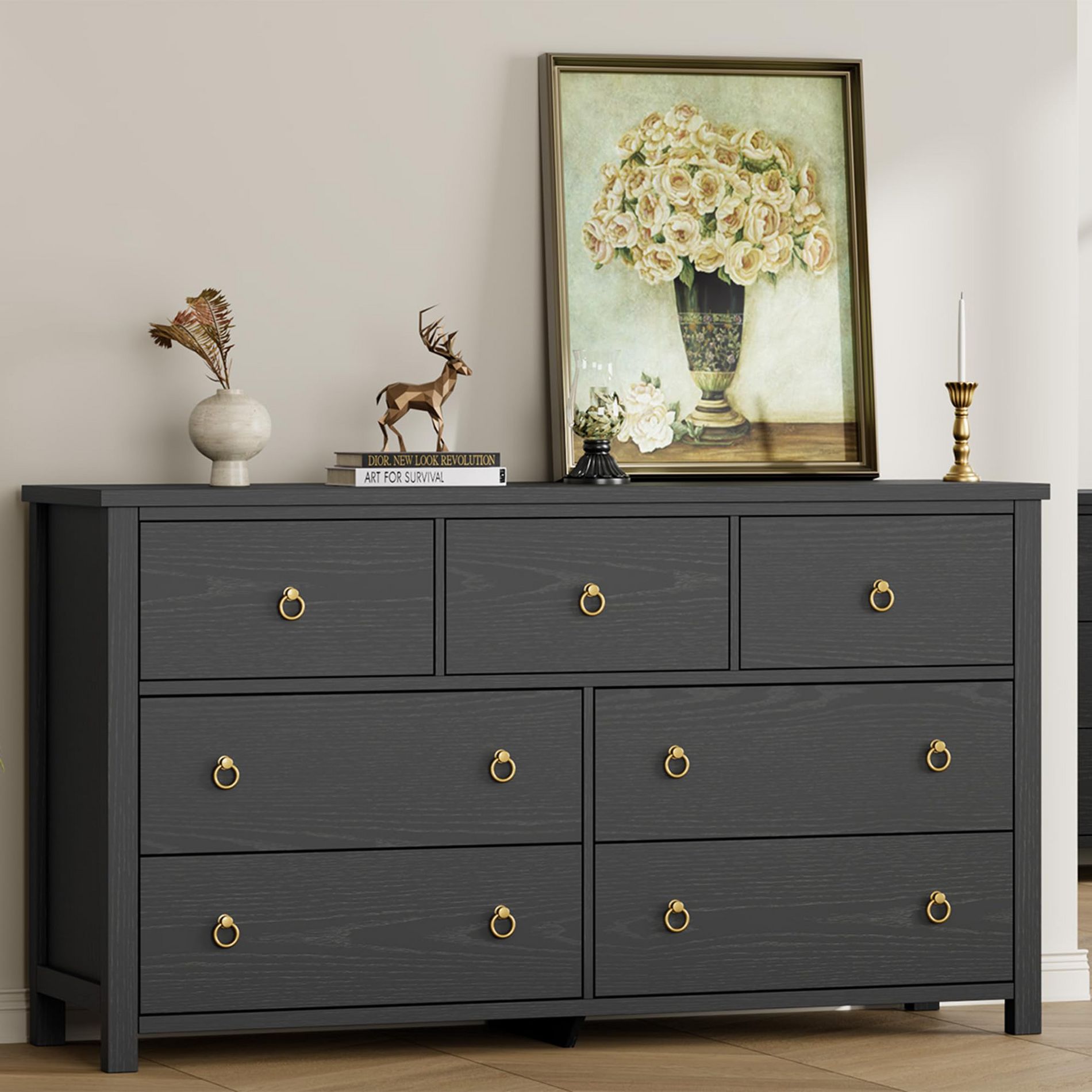 Garvee 7 Drawer Dresser for Bedroom, 54" Wide Black Chest of Drawers with Gold Handles, Modern Wood Storage for Living Room, Hallway, Nursery