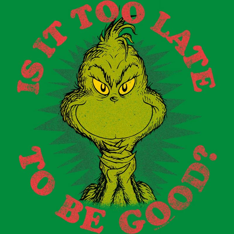 Men's Dr. Seuss Christmas The Grinch Is it too Late T-Shirt, 2 of 4