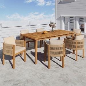 Christopher Knight Home Corin Rustic 7 Piece Outdoor Acacia Wood Woven Rope Dining Set with Slatted Table and Cushions, Beige/Teak - 1 of 4