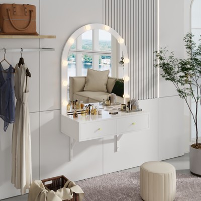 DOMETOUR Floating Makeup Vanity Desk with Mirror & 3-Color Lights, Wall Dressing Table with Power Outlet, Compact vanity, Large Storage, White