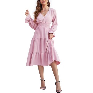 Women's Casual Wrap V Neck Midi Dress Long Sleeve Smocked Waist Tiered A Line Pleated Flowy Long Dress - 1 of 4