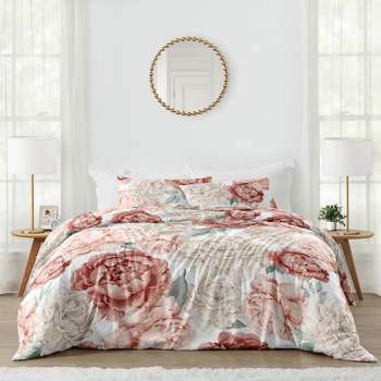 Sweet Jojo Designs Full/Queen Comforter Bedding Set Peony Floral Garden Pink and Ivory 3pc