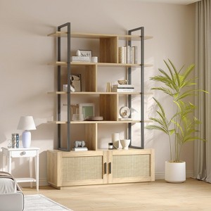 5 Tier Rattan Bookshelf, 71.1" Open Bookcase with Cabinet, Freestanding Display Rack with Metal Frame, Open Storage Rack for Bedroom - 1 of 4