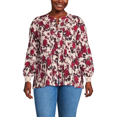 Lands' End Women's Lightweight Jersey Long Sleeve Button Front Pintuck Top