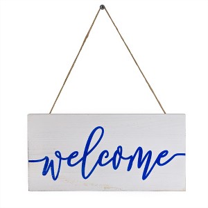 AuldHome Design Farmhouse Wooden Welcome Sign; White and Blue Rustic Style Wood Hanging Plaque, 12 x 6 Inches - 1 of 4