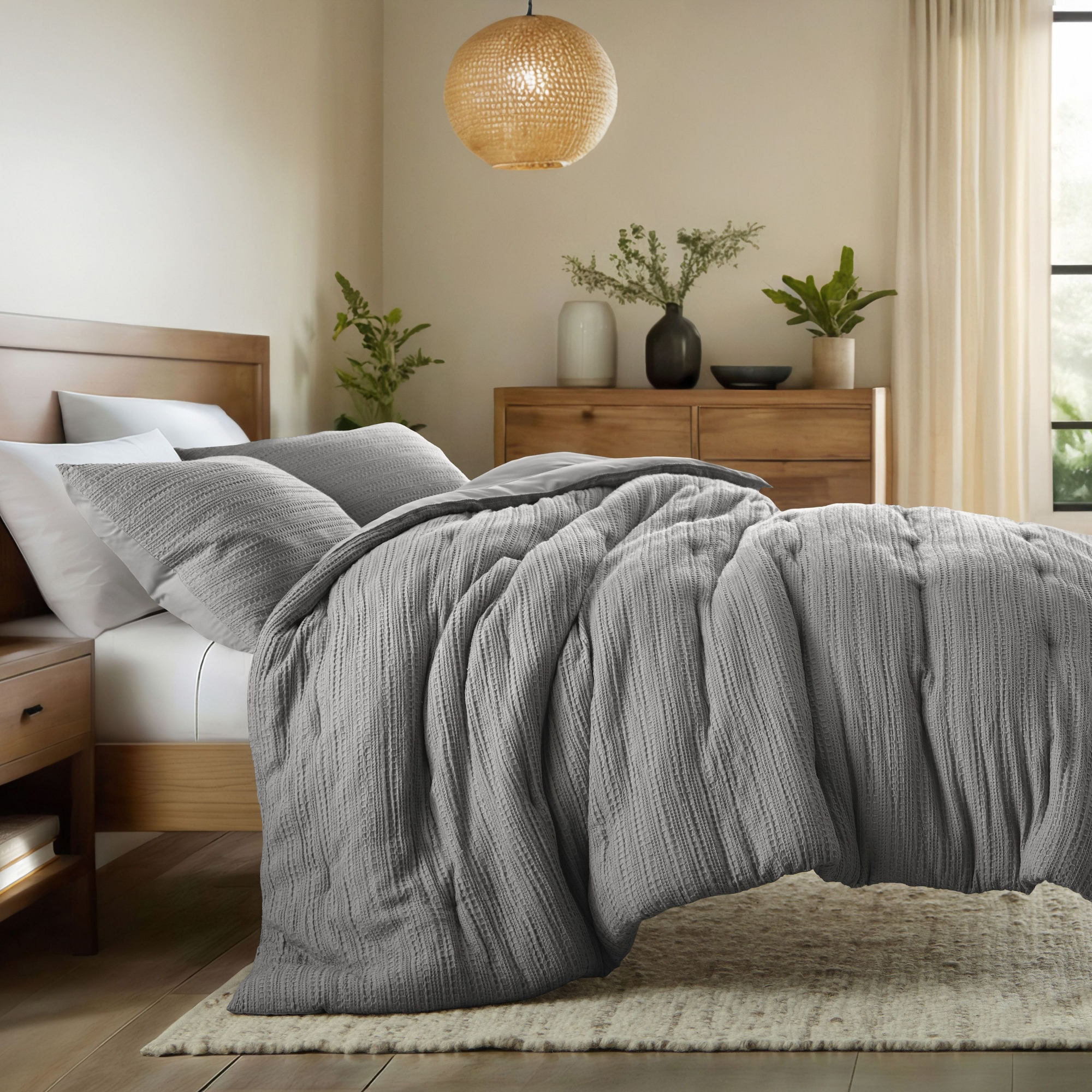 Waffle Textured Comforter Set All Season Down-Alternative Ultra Soft Bedding - Becky Cameron, Fog, King/California King