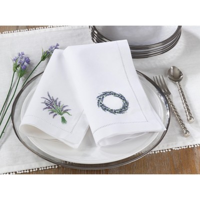 White Cotton Napkins with Lavender Embroidery, Set of 6