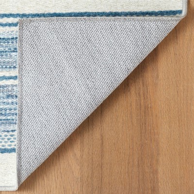 Blue and White Striped 4' x 6' Washable Synthetic Rug